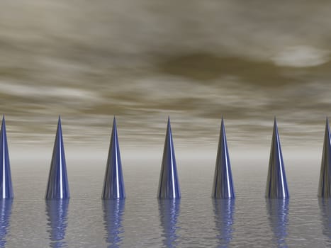 row of metal thorns on water background - 3d illustration