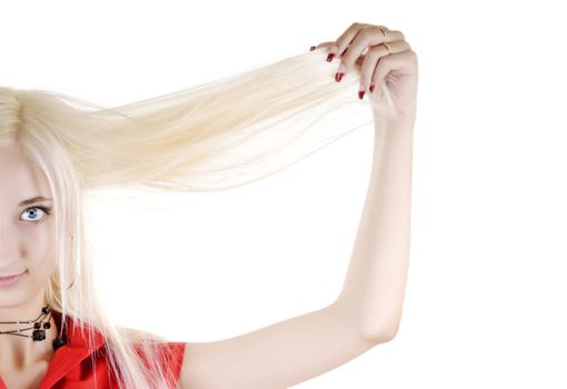 Portrait of a beautiful young sexy woman who holds her long white hair