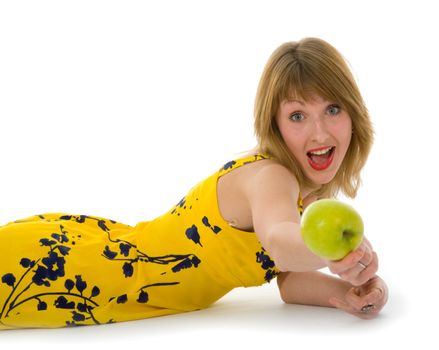 expressive woman with aple on white background