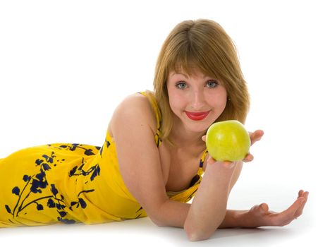 expressive woman with aple on white background