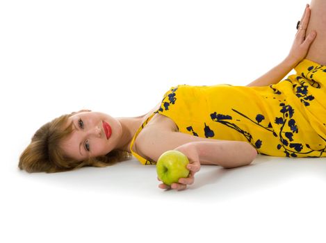 expressive woman with aple on white background