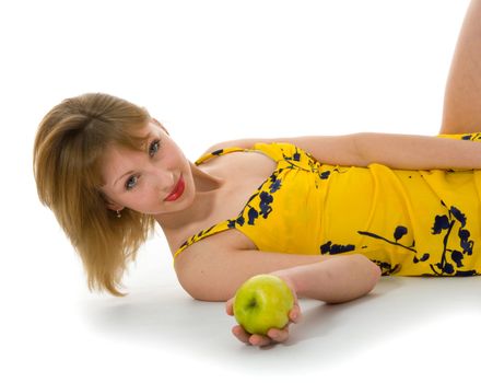 expressive woman with aple on white background