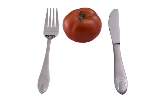 frok knife and red tomato isolated on white