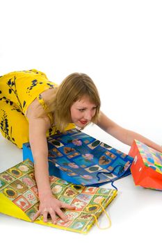 expressive woman  on white background  shopping