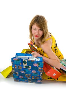 expressive woman  on white background  shopping