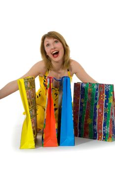 expressive woman  on white background  shopping