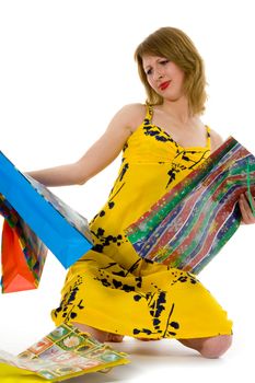 expressive woman  on white background  shopping