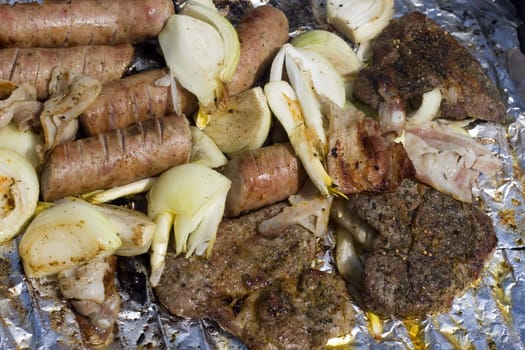 grilled meat sausages and onion