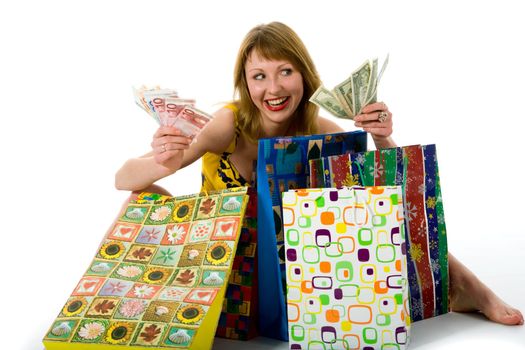expressive woman  on white background  shopping