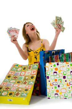 expressive woman  on white background  shopping