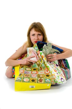 expressive woman  on white background  shopping