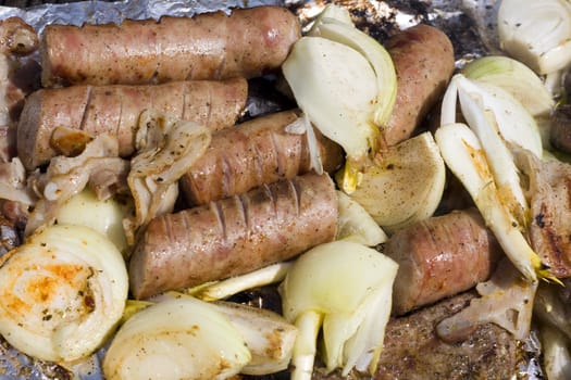 grilled meat sausages and onion