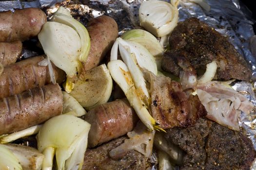 grilled meat sausages and onion