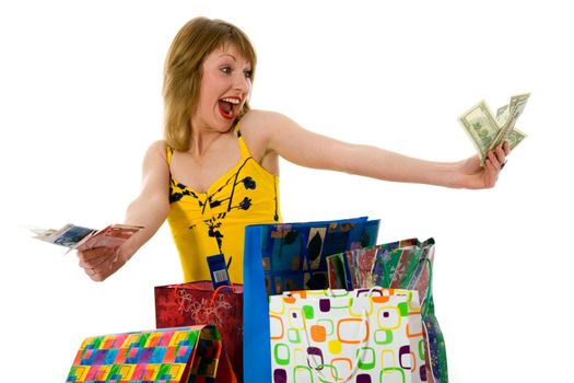 expressive woman  on white background  shopping