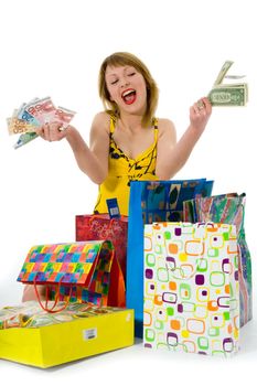 expressive woman  on white background  shopping