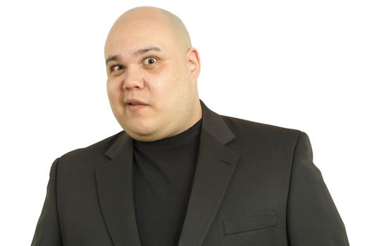 A large bald man with a perplexed look on his face.  Clipping path included.
