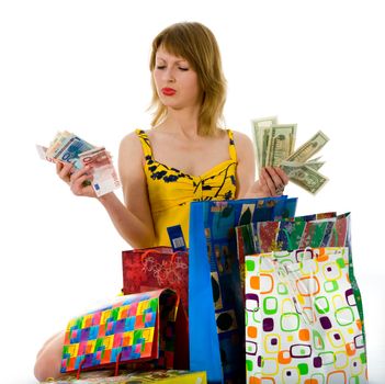 expressive woman  on white background  shopping