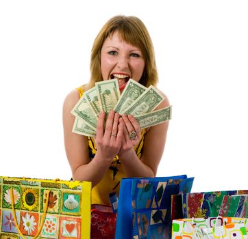 expressive woman  on white background  shopping