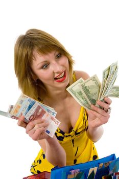 expressive woman  on white background  shopping