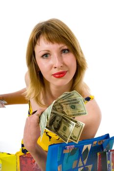 expressive woman  on white background  shopping