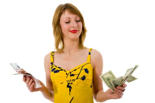 expressive woman  on white background  shopping