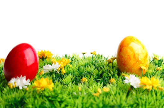 Two colored eggs on grass isolated on white background