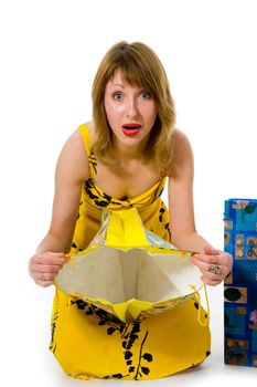 expressive woman  on white background  shopping