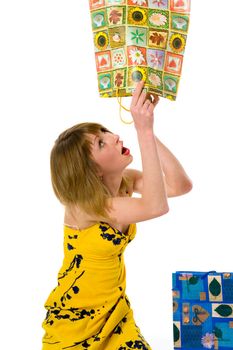 expressive woman  on white background  shopping