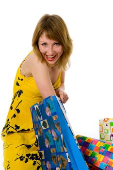 expressive woman  on white background  shopping