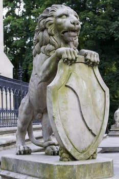 monument of a lion with shield