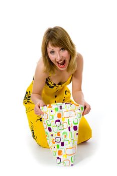 expressive woman  on white background  shopping