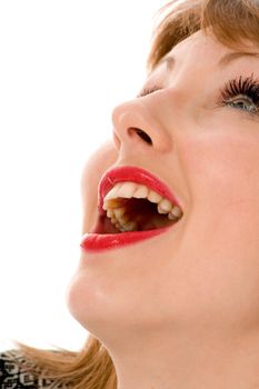 Smile of a beautiful young woman on white background