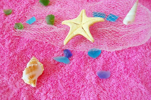 seashell collage on pink towel
