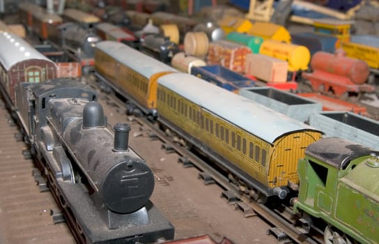 model trainset with engine and carriages in rows