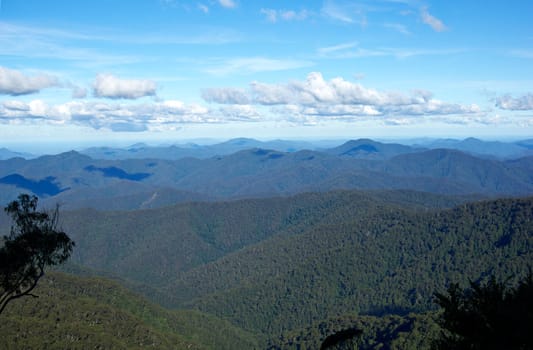 section of the view looking at the distant mountains (world heritage area) at point lookout with clouds at eye level