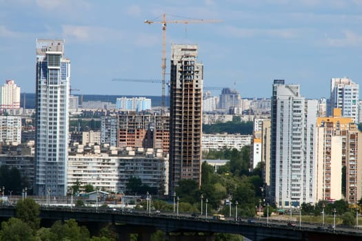 Kiev's cityscape, view of Paton's bridge and new multistoried buildings