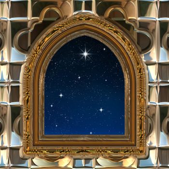 gothic or science fiction window looking into starry night sky with wishing star