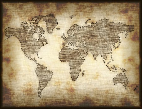 map of world drawn onto old mottled paper or cloth