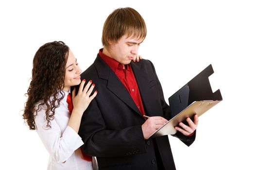 businessman and girl look in papers