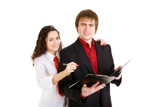 businessman and girl write papers