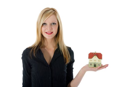Business woman advertises real estate on white background