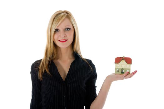 Business woman advertises real estate on white background