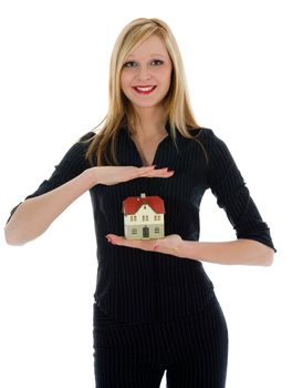 Business woman advertises real estate on white background