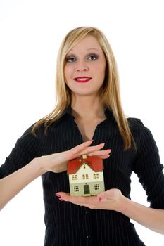 Business woman advertises real estate on white background