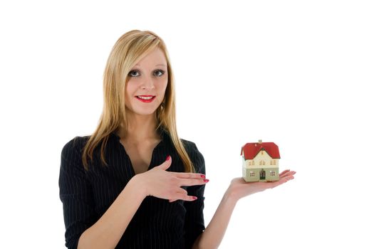 Business woman advertises real estate on white background