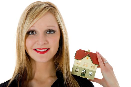 Business woman advertises real estate on white background