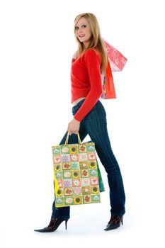 expressive woman  on white background  shopping