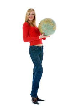 Young woman with  globe on  white  background
