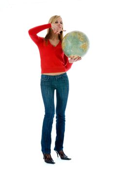 Young woman with  globe on  white  background