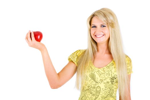 long haired blond girl with an apple